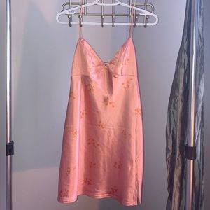 Pink Satin Mini Dress with Flowers